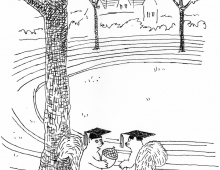 cartoon of two squirrels wearing mortarboards in the amphitheater.